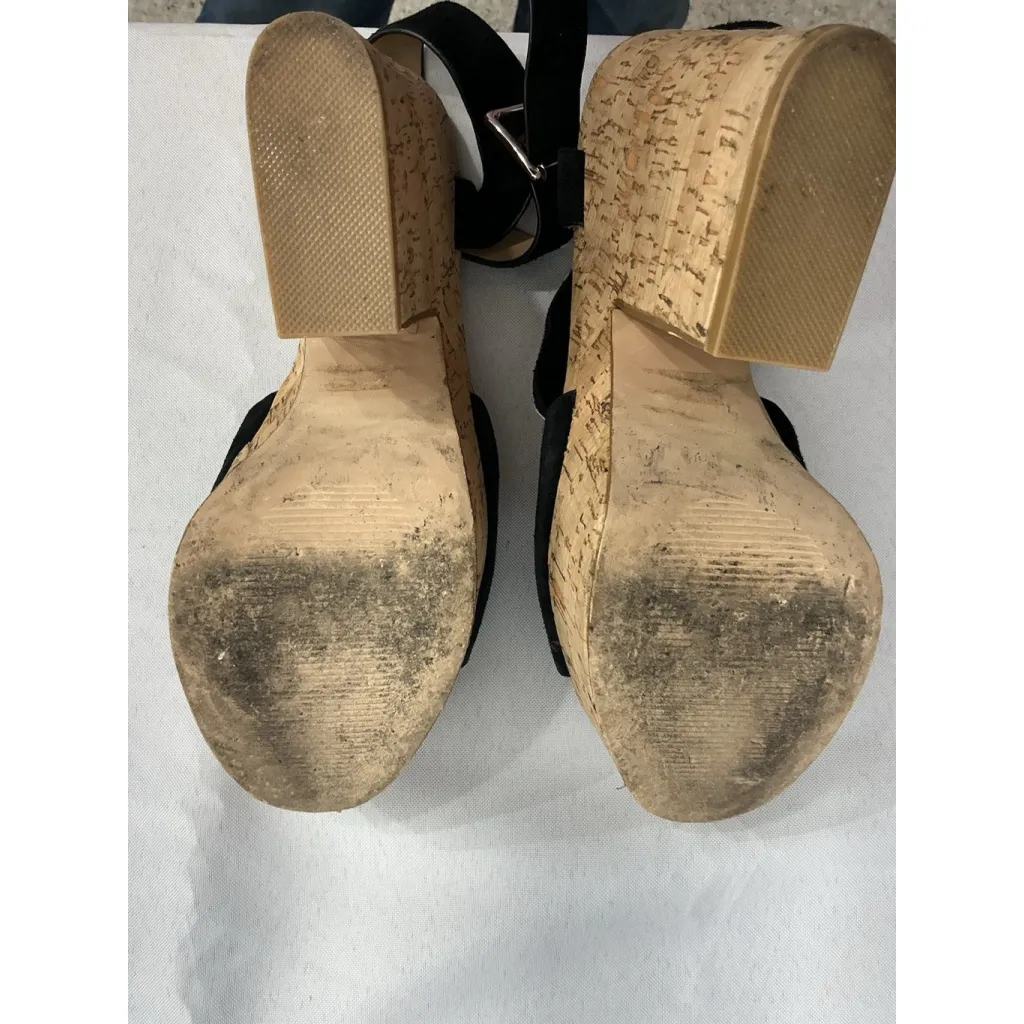 Womans Steve Madden Jess Cork Wedge Sandals 5.5 M Black Strappy Open Toe Straps - Image 7