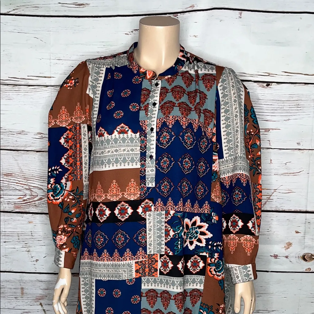 Tolani Collection Size XL Patchwork Print Henley Tunic Blouse Top - Image 2