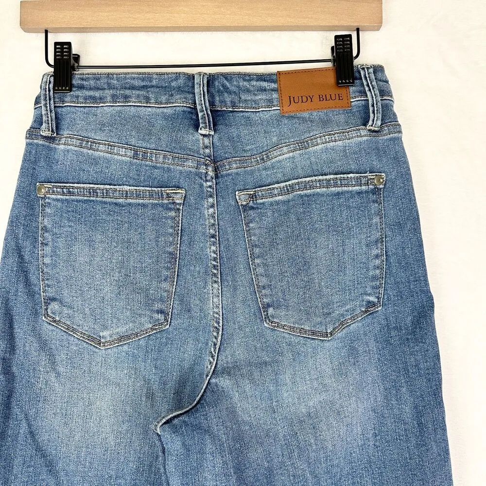 Judy Blue High Rise Wide Leg Crop Jeans Size 7/28 Medium Wash Released Hem - Image 7