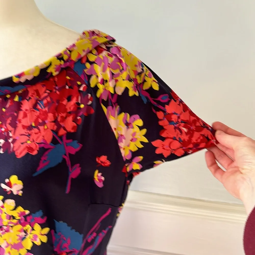 Boden Floral Sheath Silk Roll Collar Dress Navy Size 12 Formal Business Casual Blue - Image 5