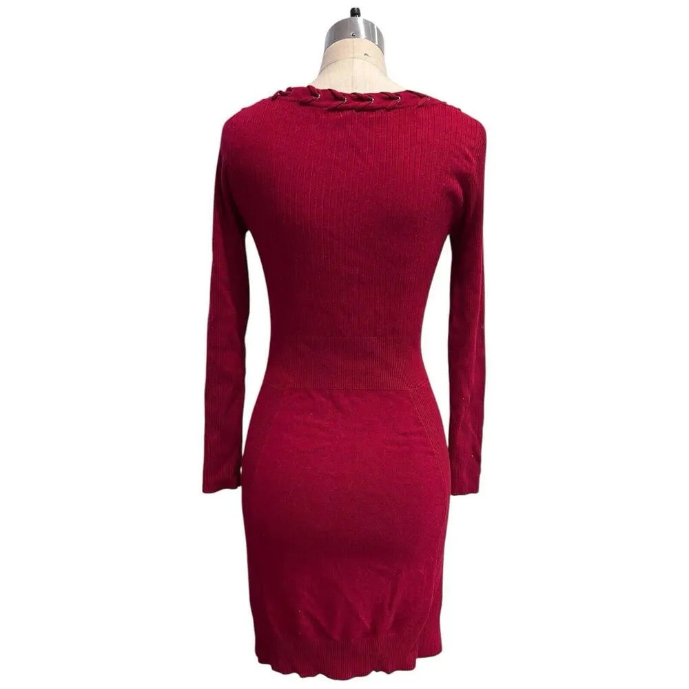 CACHE Wine Red Knit Bodycon Midi Sweater Dress Medium Lacing Vintage 90s Y2K - Image 2