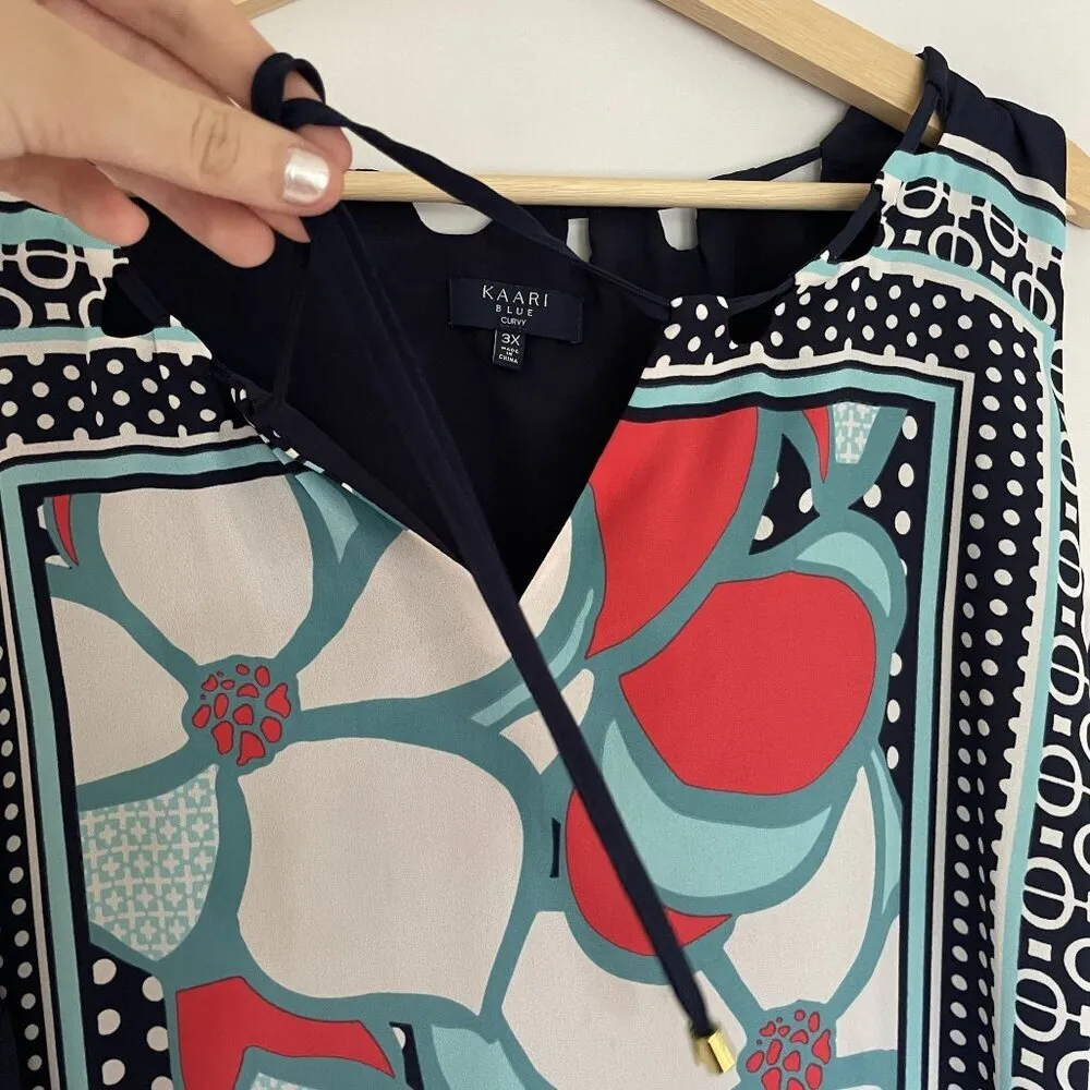 Kaari blue curvy sz 3XL navy blue red white floral short sleeved blouse top - Image 4