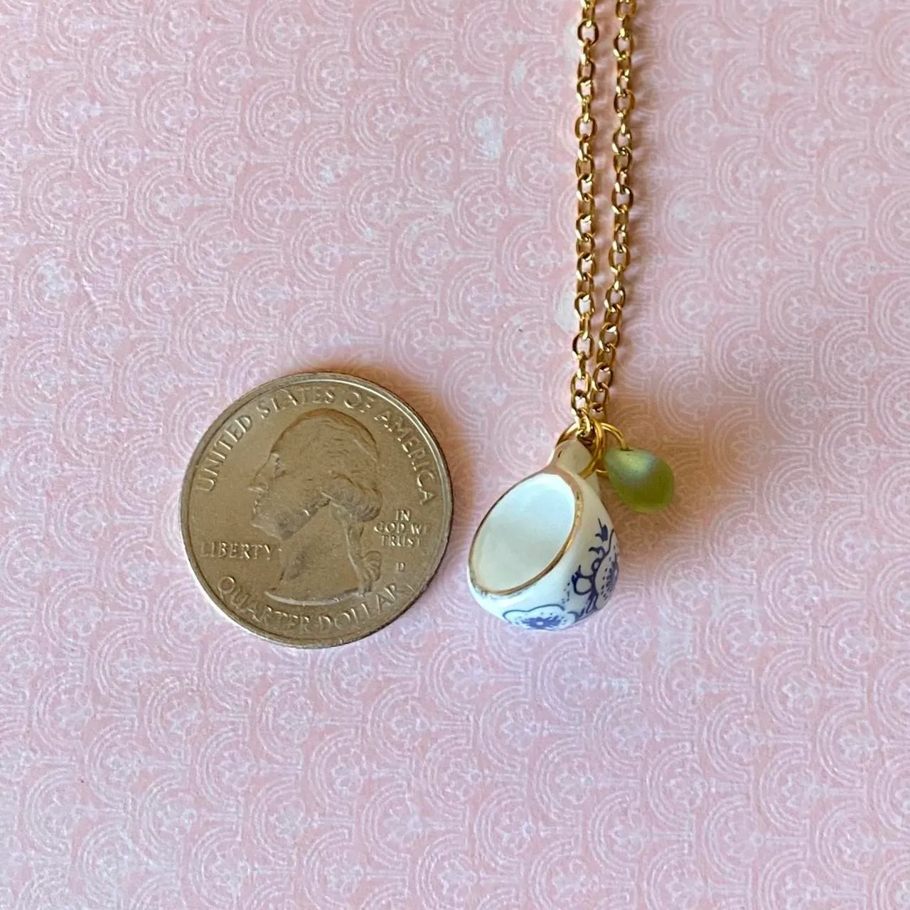 Handmade porcelain tea cup & Czech teardrop unique fun fairy antique style necklace🫖🍃🌀 - Image 6