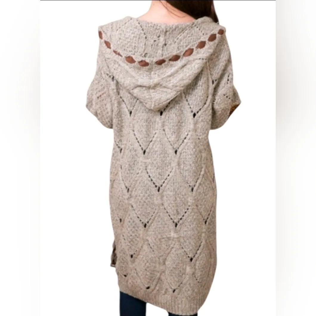 POL Women’s Diamond Eyelet Tan Sweater Cardigan Duster Elbow Patches Boho Size S - Image 10