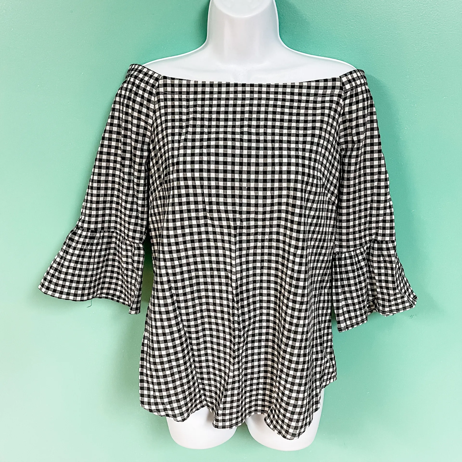 White House Black Market Off Shoulder Gingham Top - Image 3