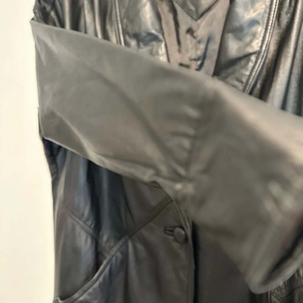 Vintage 90s Jacqueline Ferrar Sz: S Black Leather Button Up Long Trench Coat. - Image 16