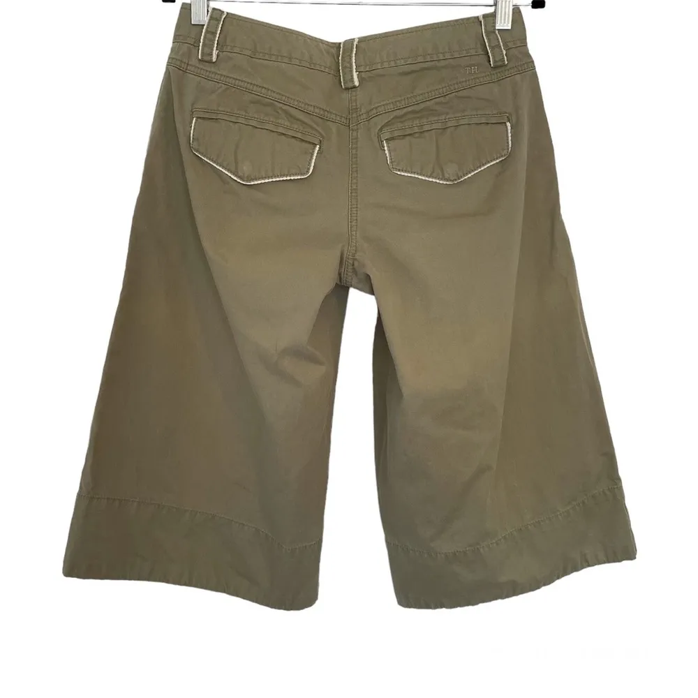 Y2K Tommy Hilfiger Wide Crop Pants Shorts Olive Green Sz 4 Gauchos Culottes - Image 2