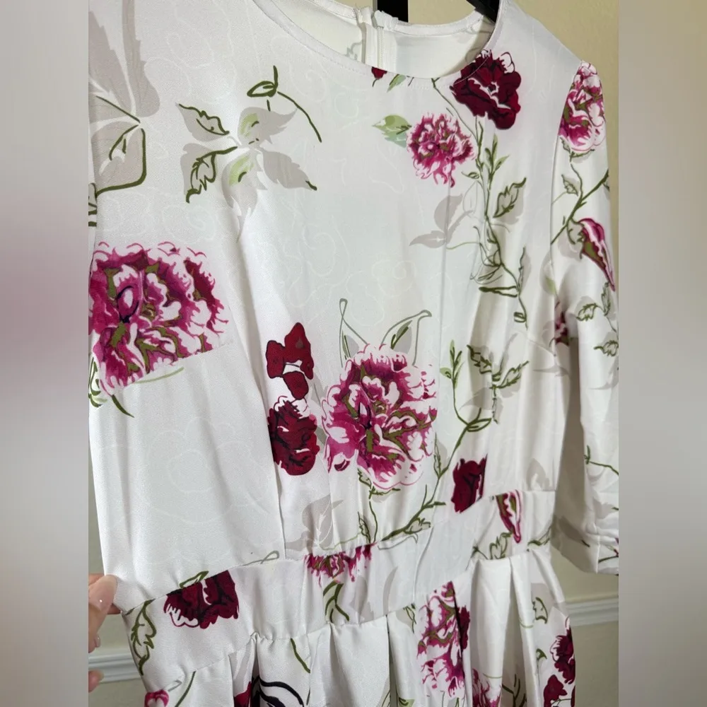 Floral Long Sleeve Fit & Flare Midi Dress Soft Feminine Lightweight M NWT Spring White Size M - Image 6