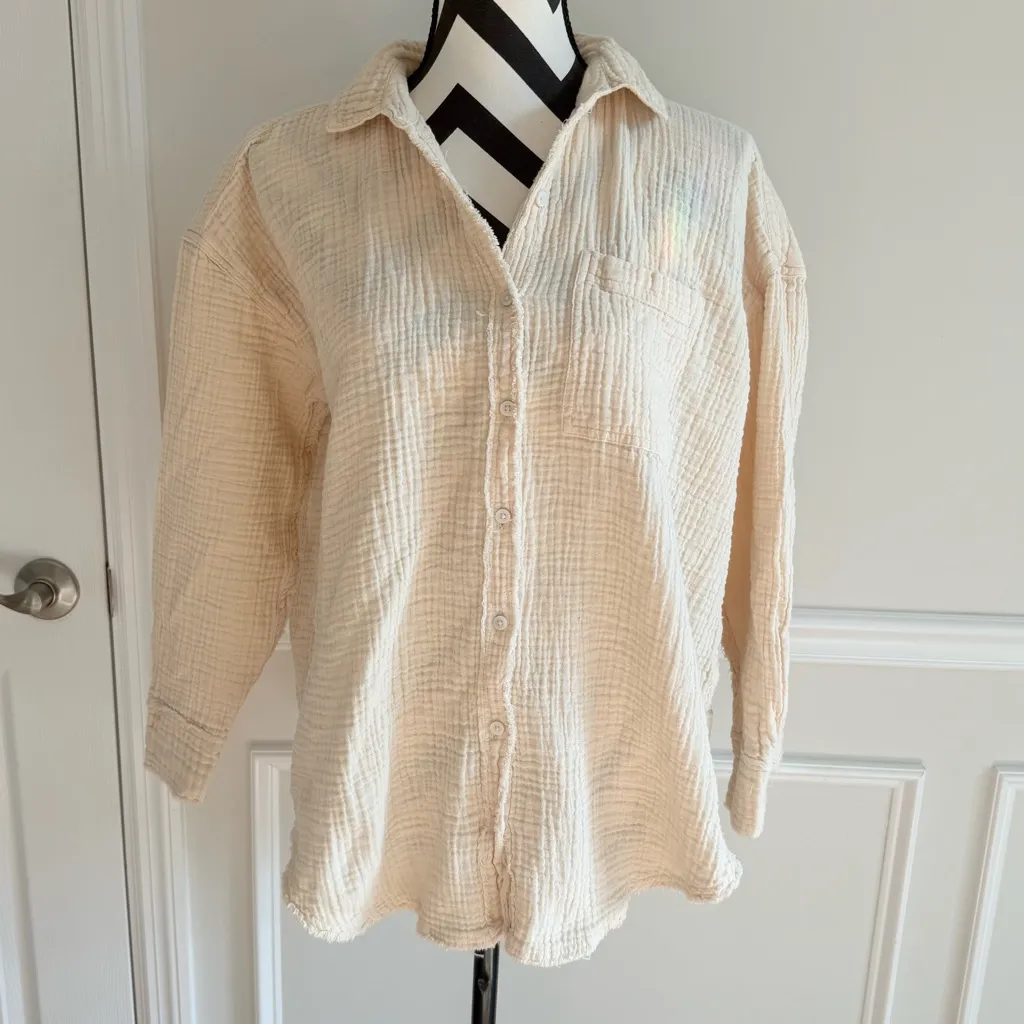 AERIE Gauzy Cover Up Button Down Oversized Long Sleeve Soft Oat Cream size XS - Image 2