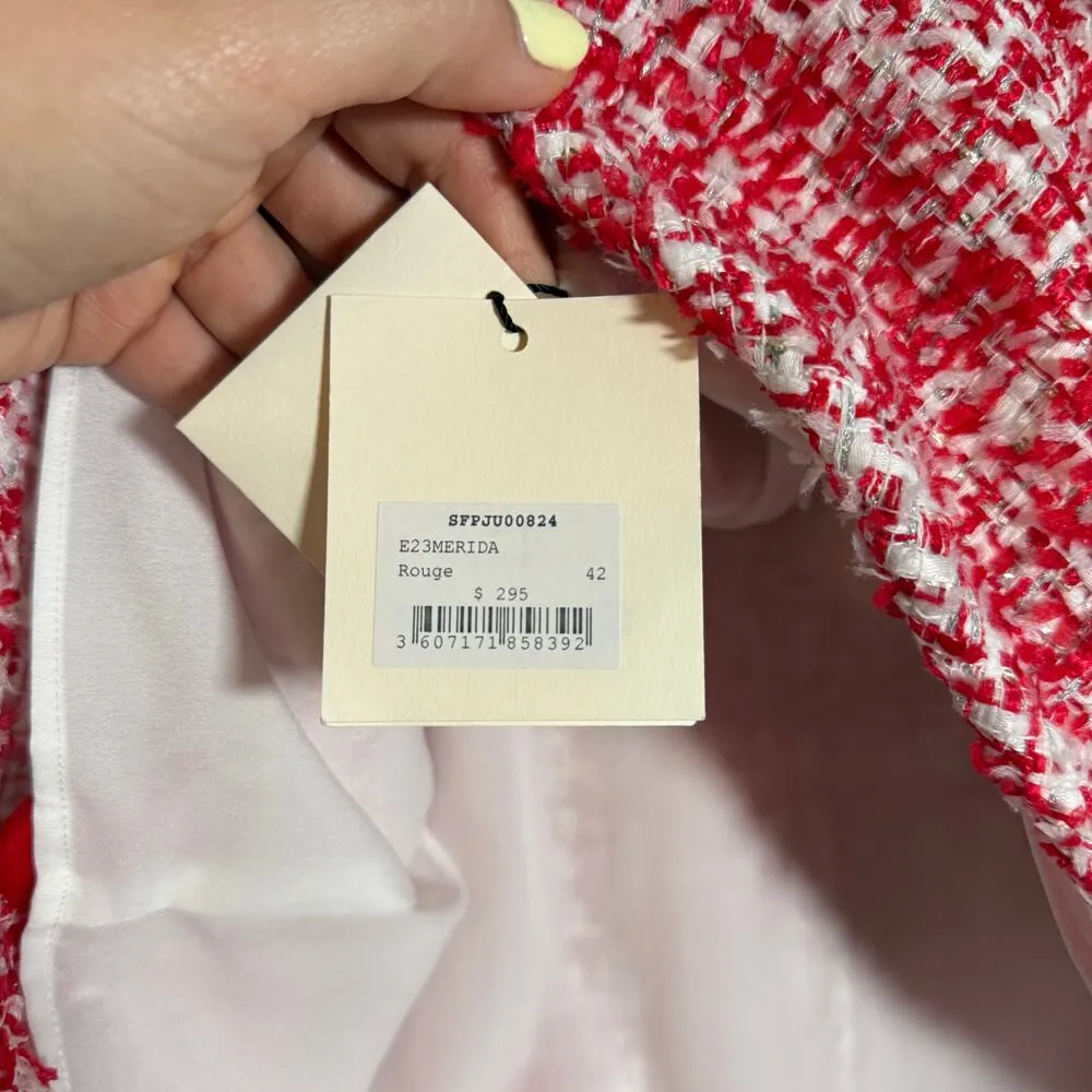 Sandro Paris Red White Tweed Mini Skirt FR 42 US 10 Bouclé Holiday Workwear - Image 9