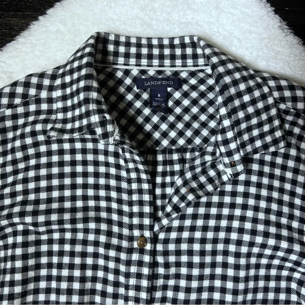 Lands End Black and White Cotton Buffalo Plaid Button Up Flannel Shirt - Image 2