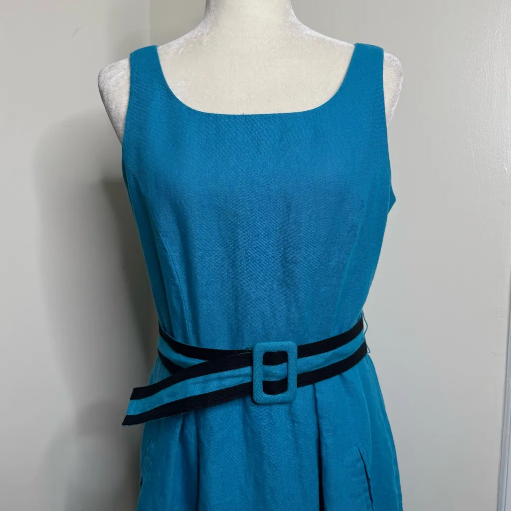 Talbots Pure Irish Linen Blue Midi Dress W/ Belt Women’s Size 10 Lined - Image 3