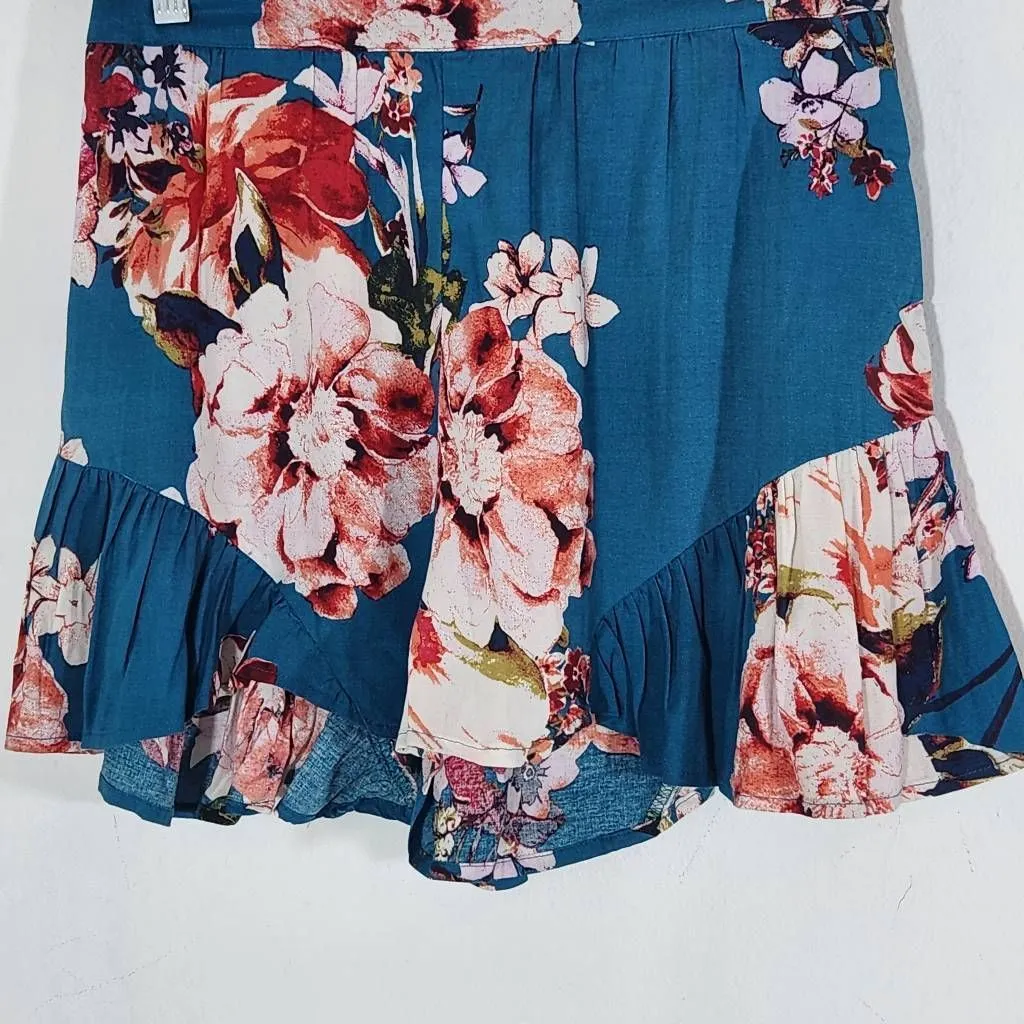 Band of Gypsies Teal Blue Floral Print Flowy Boho Shorts NWT Size Small - Image 3