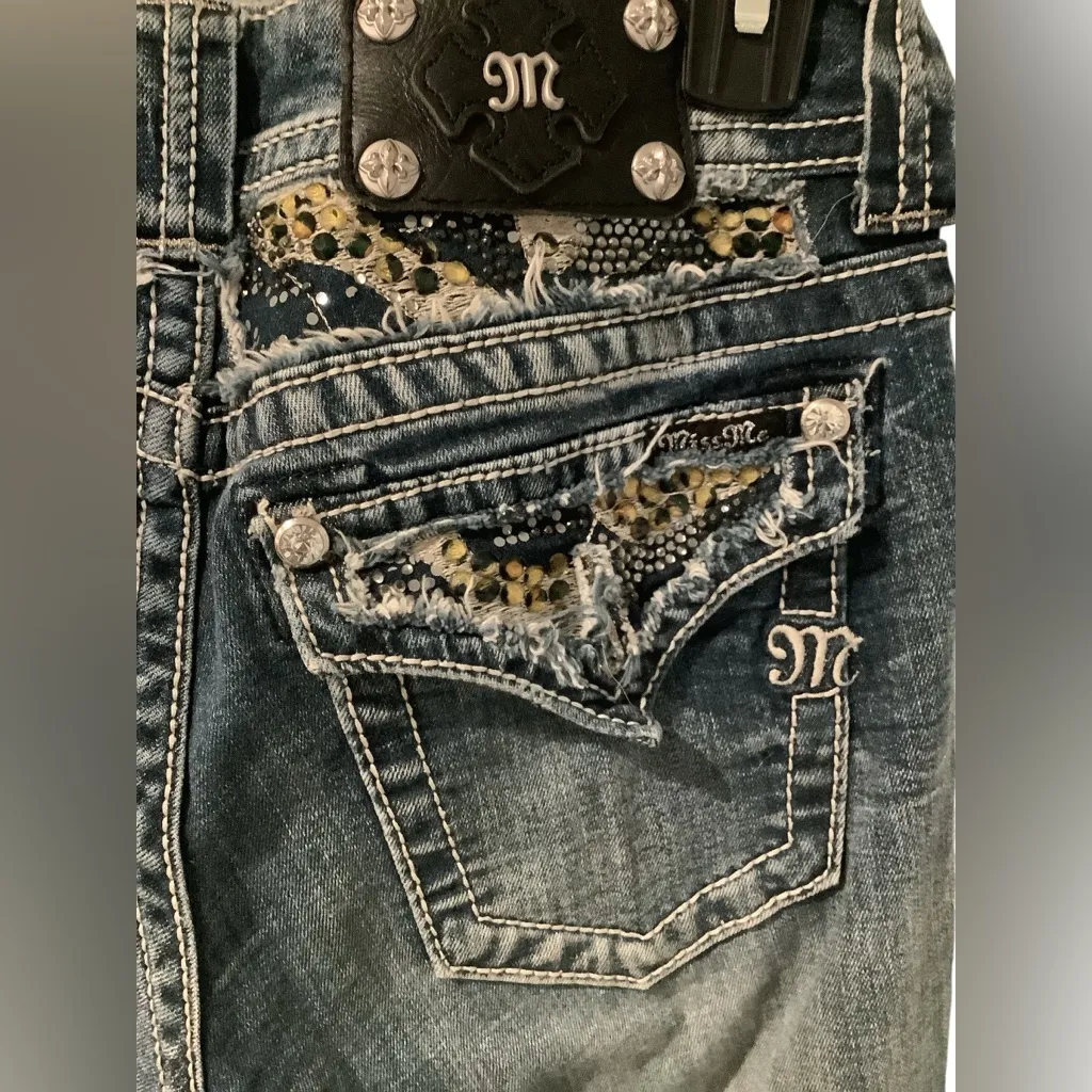 Miss Me Dark Blue Denim Jeans with Silver Accents TONS of BLING! - Image 2
