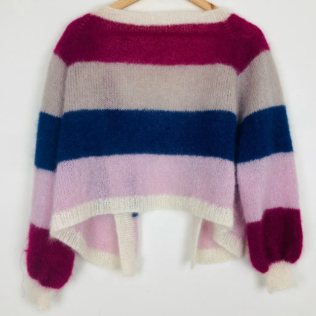 Hand knit, purple, blue, pink and white mohair open balloon, sleeved cardigan. M Purple Size M - Image 3