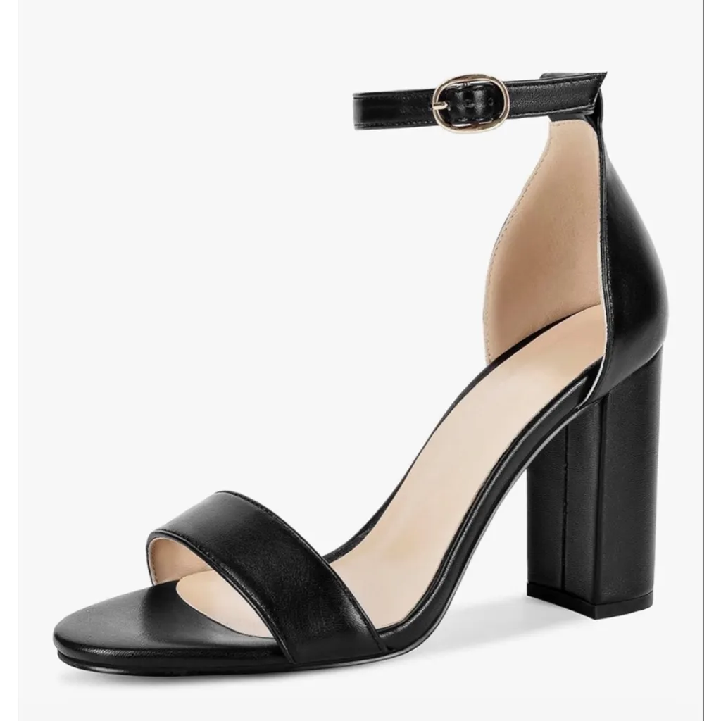 NEW Heels Open Toe Ankle Strap Chunky High Heel Pumps 3.35” 9.5 Black - Image 2