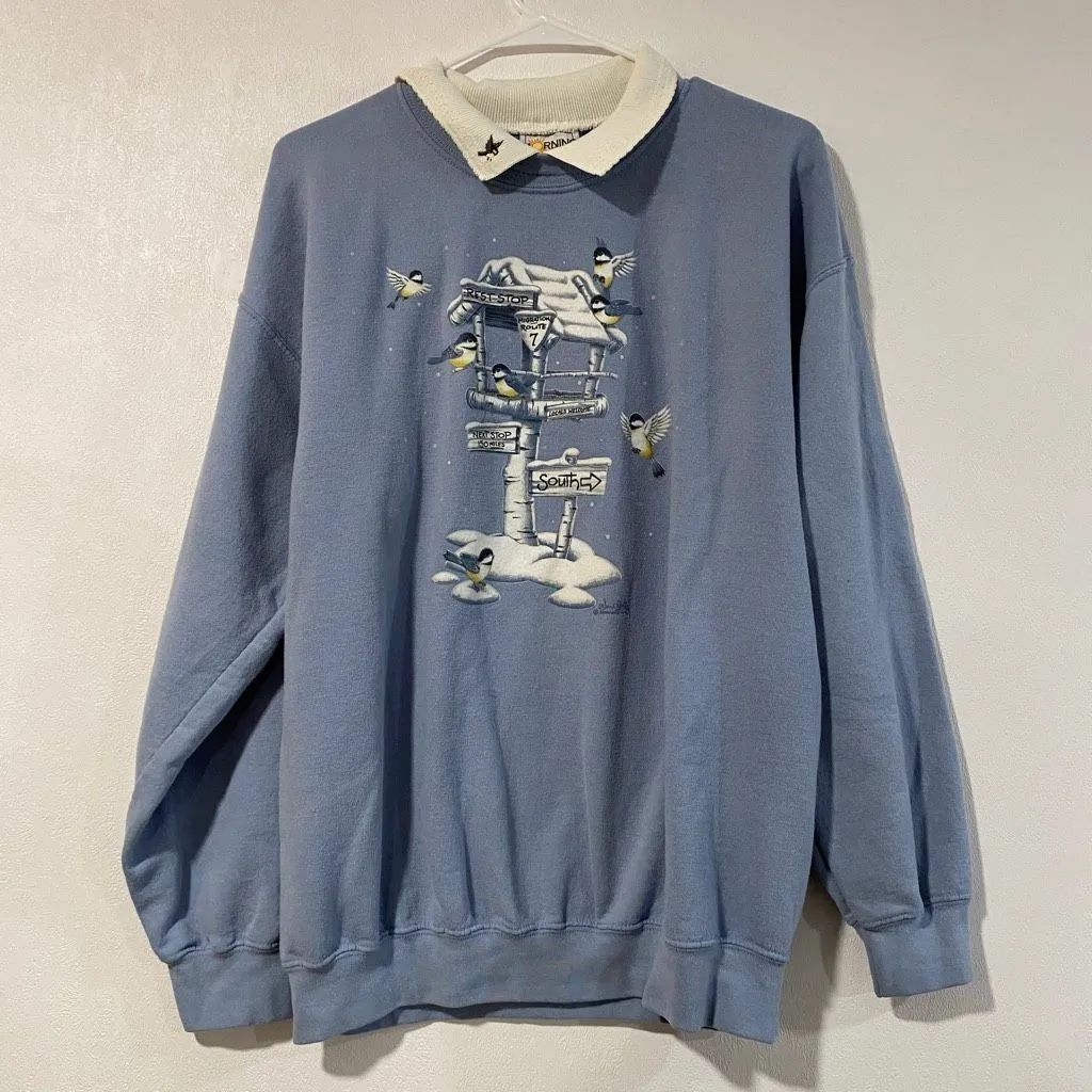 Vintage Morning Sun Sweatshirt Large | Winter Birds Mock Collar Cottagecore Pull - Image 1