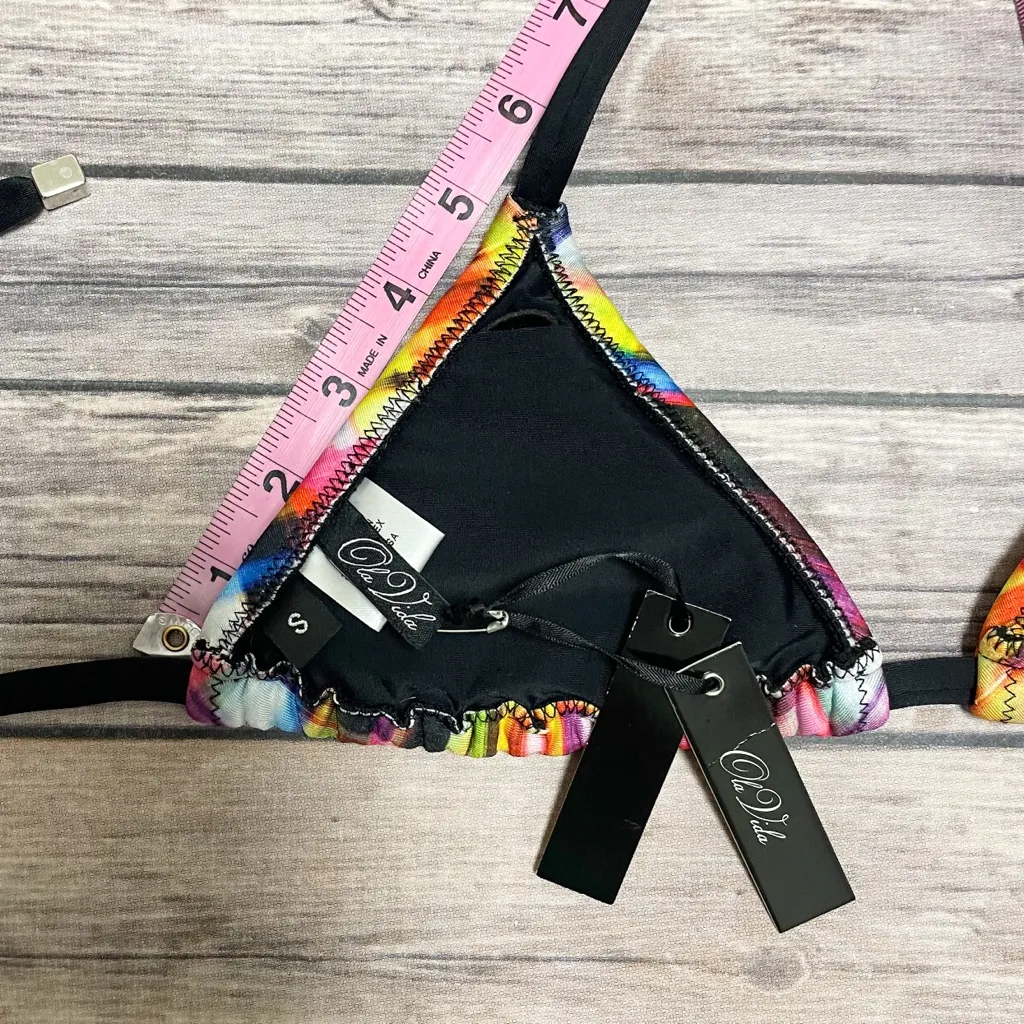 Ola Vida Blurred Geometric Plaid Sliding Triangle Halter Bikini Top NWT Small Black - Image 9