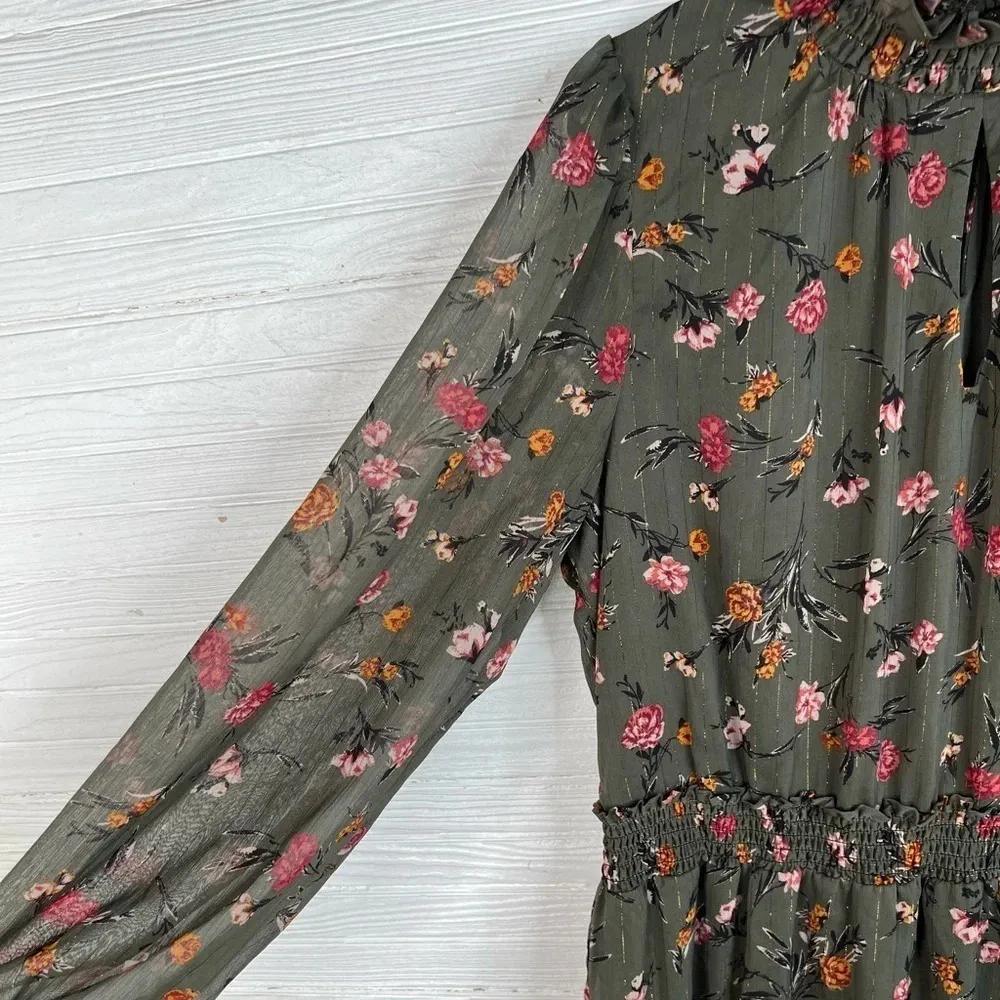 DREW Anthro Green Floral Print Dress Gold Stripes Long Sleeves Smocked Size L - Image 4