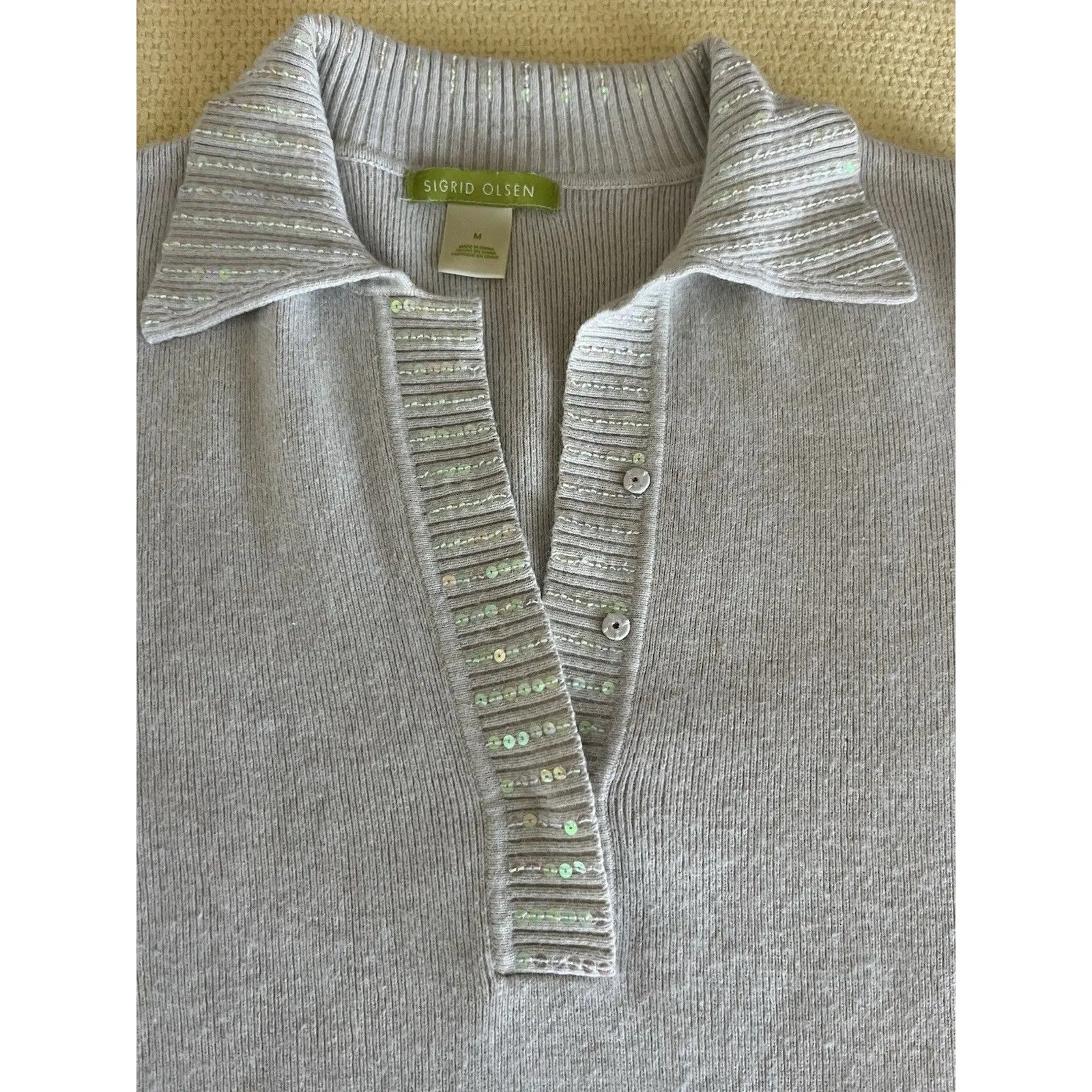 Sigrid Olsen Sequined Collared Sweater Size M Silk Angora Blend Henley Neckline - Image 4