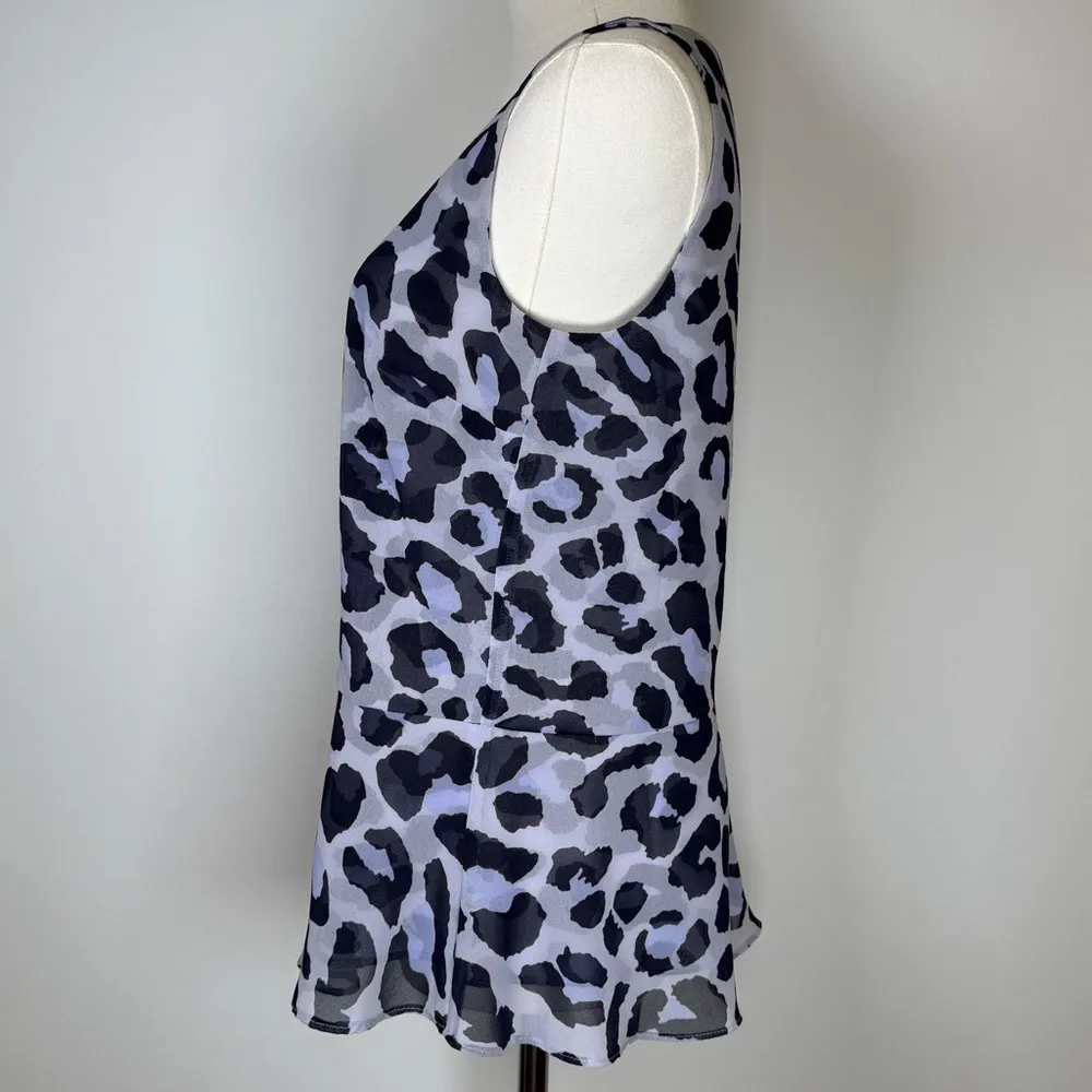 CAbi ‘Feline Flounce’ Leopard Print Purple Sleeveless Blouse Women’s Size XS - Image 4