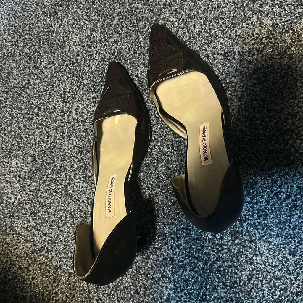 Manolo Blahnik black leather D’Orsay high heel pumps size 39.5 linen inset 9euc - Image 3