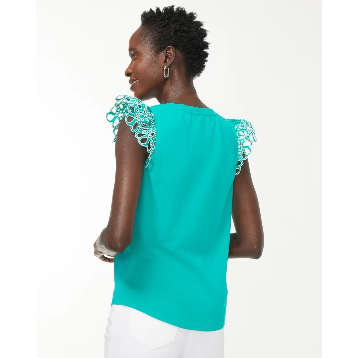 Chico's Eyelet Flutter Cap Sleeve Tee Tropical Jade Teal Lace Stretch - Image 10