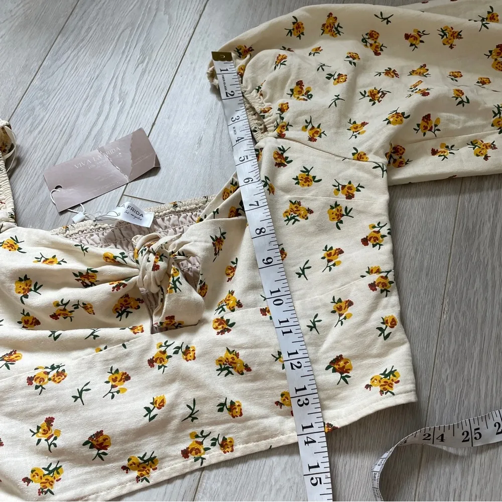 Viva La Frida Los Angeles (NWT) Floral Puff Sleeve Smocked Blouse Cream (Small) Orange - Image 7