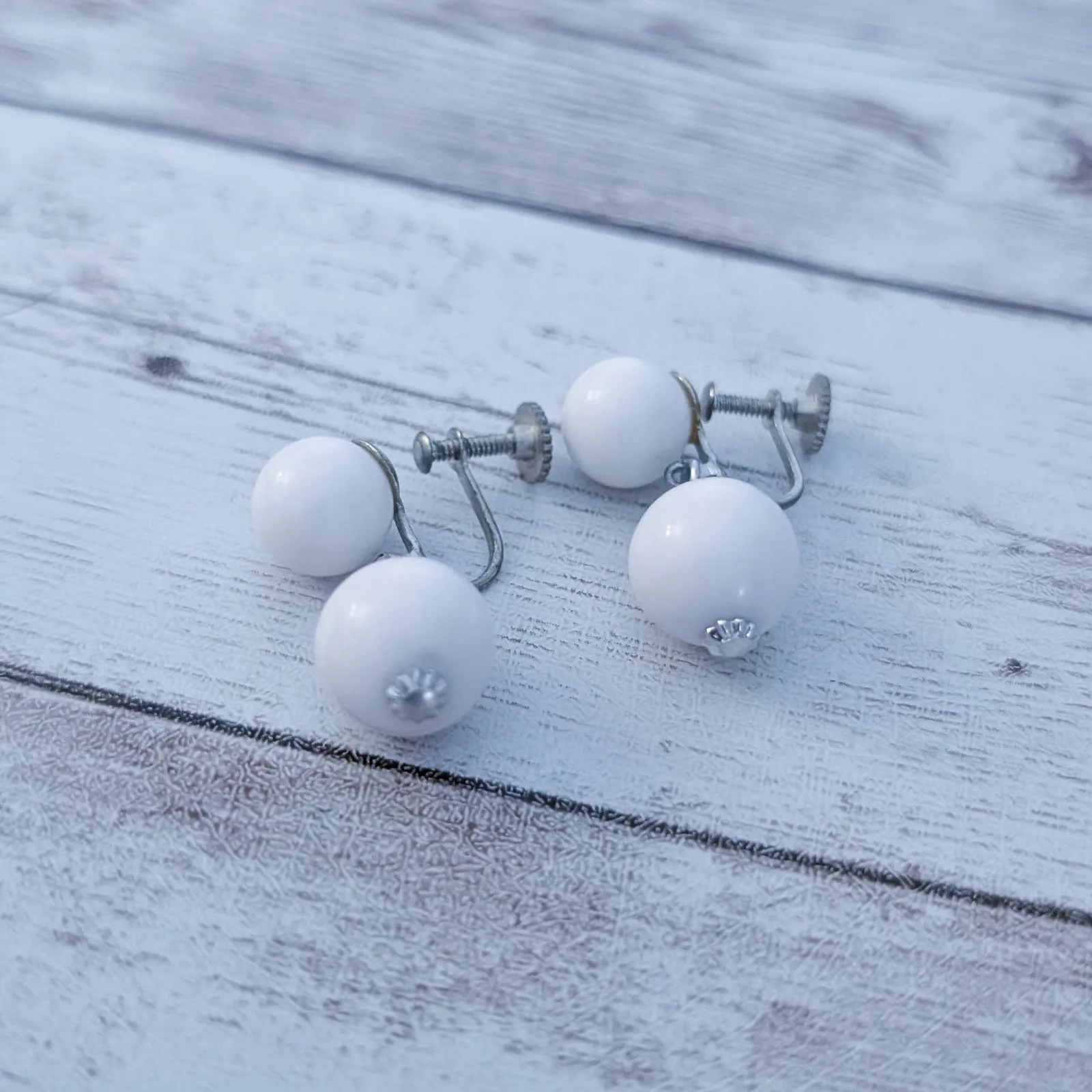 Vintage Screw Back Earrings Retro White Ball Duo Dangle Stamped Japan - Image 2