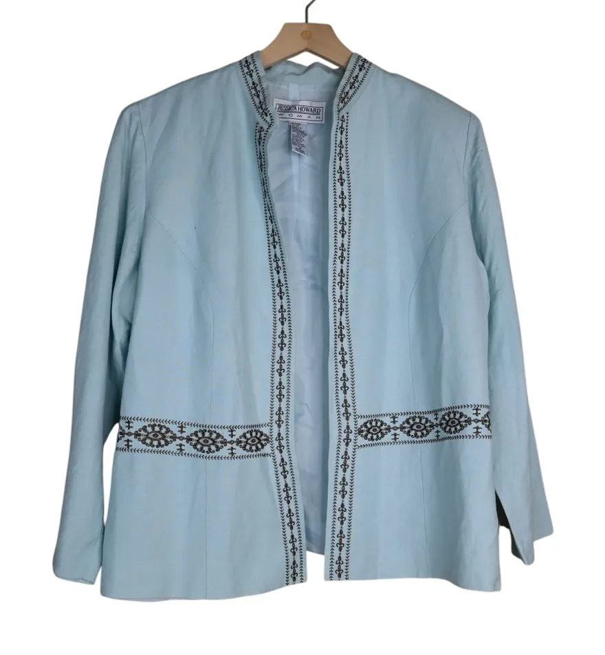 Jessica Howard Women's 16 Lined Pale Blue Embroidered Linen Blend Blazer - Image 1