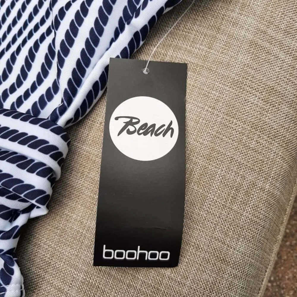 Boohoo Belted Swimsuit Navy Blue & White Nautical Rope Print Tie Waist Size 12 - Image 5