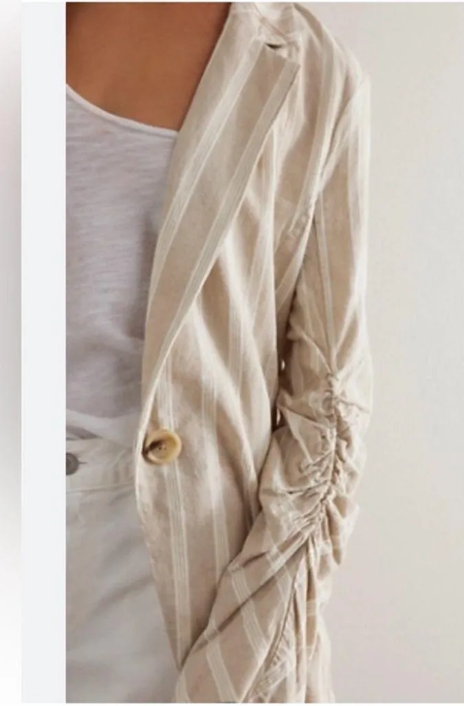 Free People Fern Oversized Linen Blazer Dusty Beige Tan Stripe Coastal Boho - Image 11