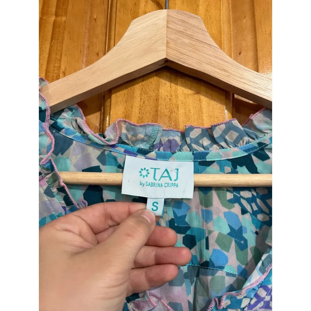 Taj by Sabrina Crippa Blue Pink Geometric Embroidered Floral Boho Peasant Dress - Image 4