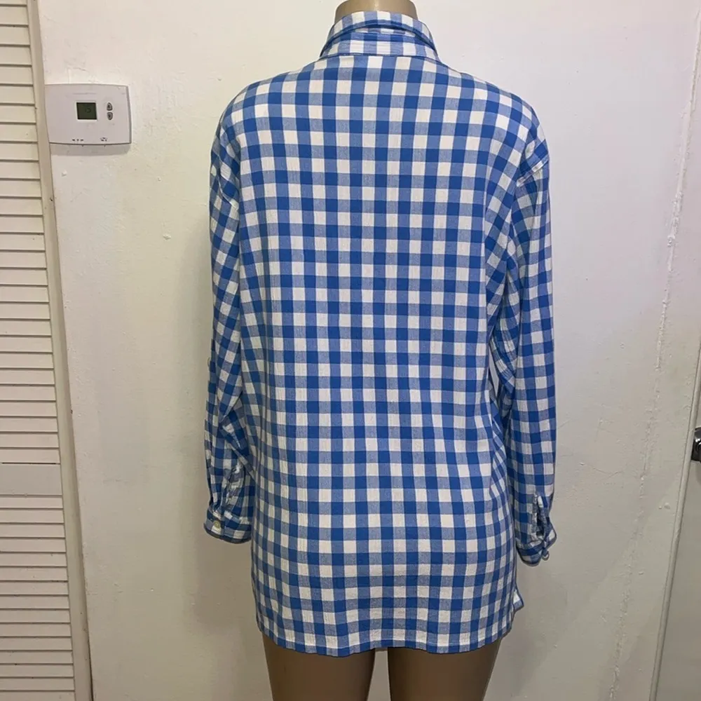 KORET Upscale Plaid Checkered Butrin Down Blouse Shirt Sz L Blue Size L - Image 4