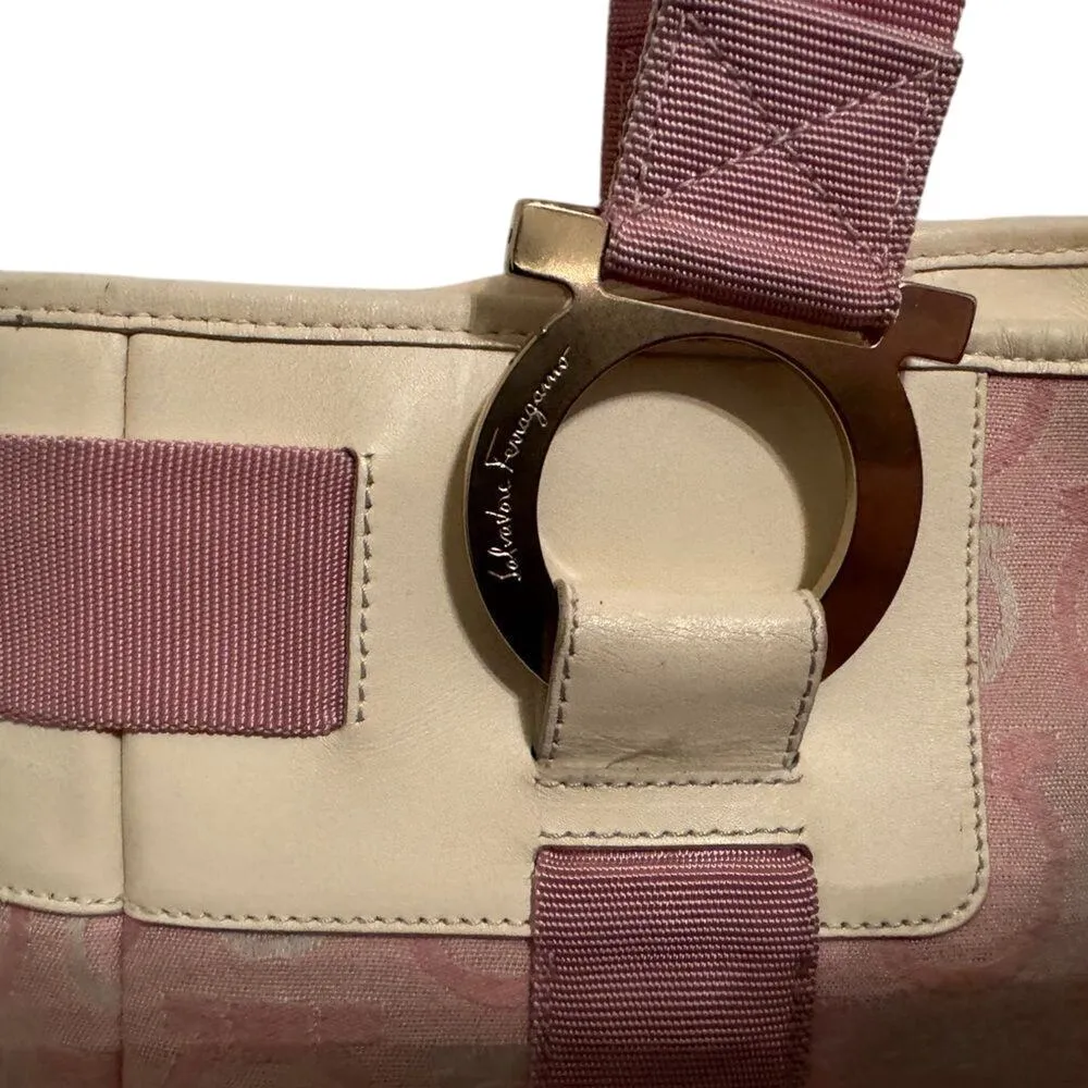 Ferragamo White Leather & Pink Gancini Satchel, Vintage - Image 3