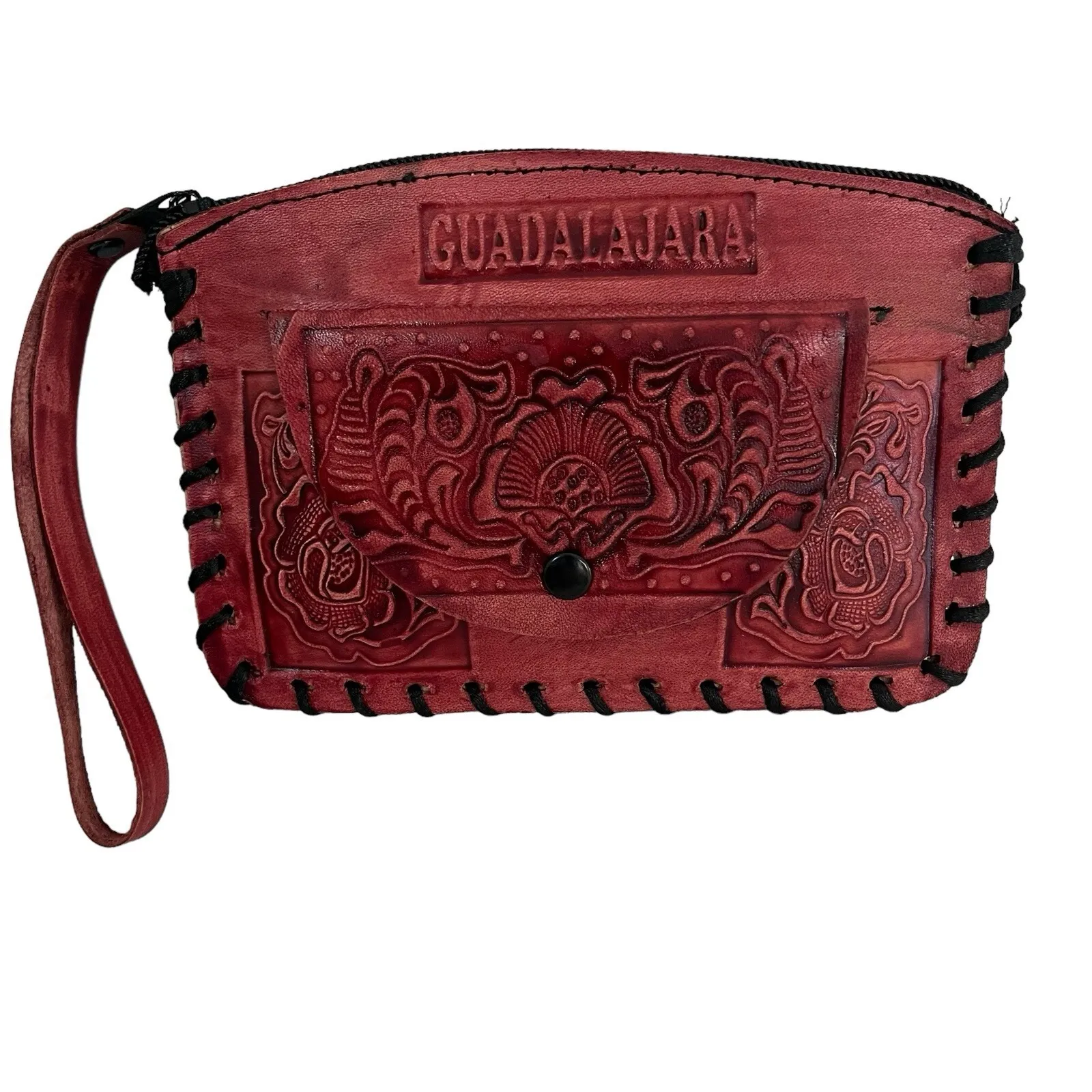 Genuine Guadalajara Leather Hand Tooled Floral Wristlet Clutch Zip Personalized - Image 2