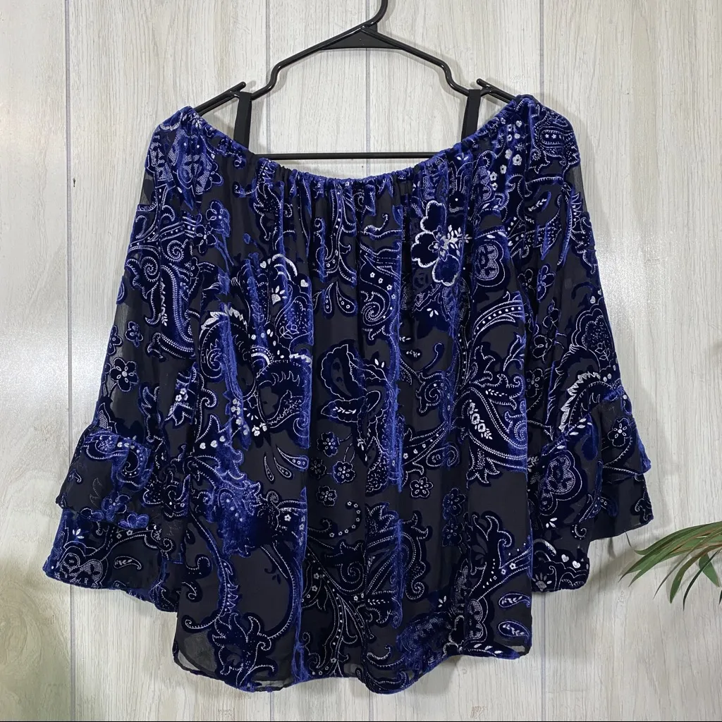 Parker Pyper Ultraviolet Burnout Cold Shoulder Paisley Print Silk Blouse size XS - Image 6