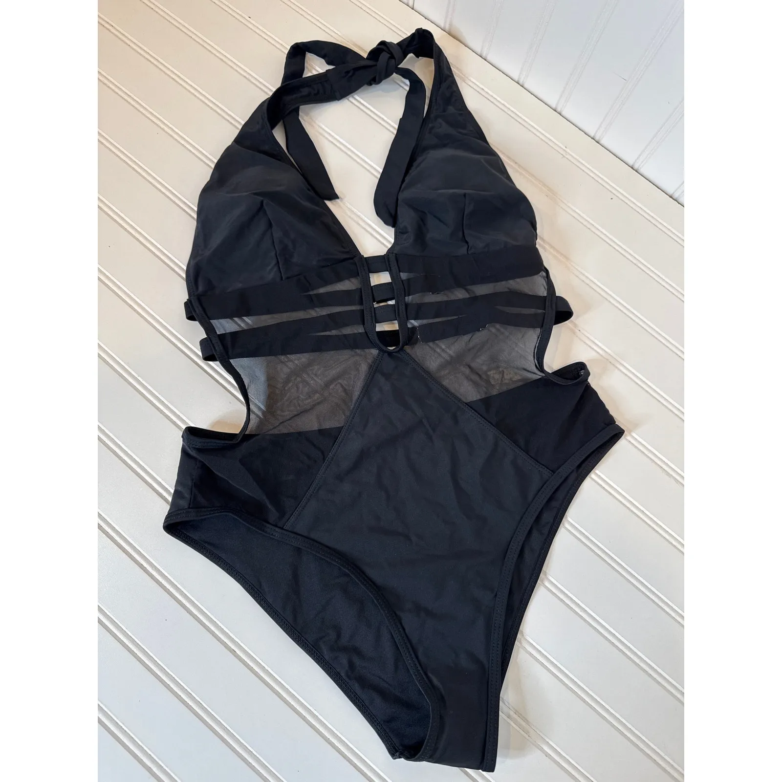 NWT Cupshe LOT OF 2 Swimsuits - Black Mesh Plunging Halter 1-PC Swim Bundle M - Image 2