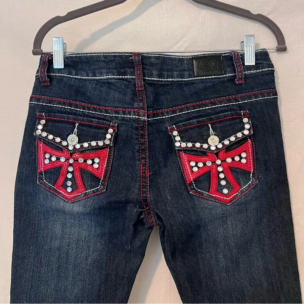 Y2K Silver Diva Red Cross Rhinestone Low Rise Jeans Blue Size undefined - Image 6