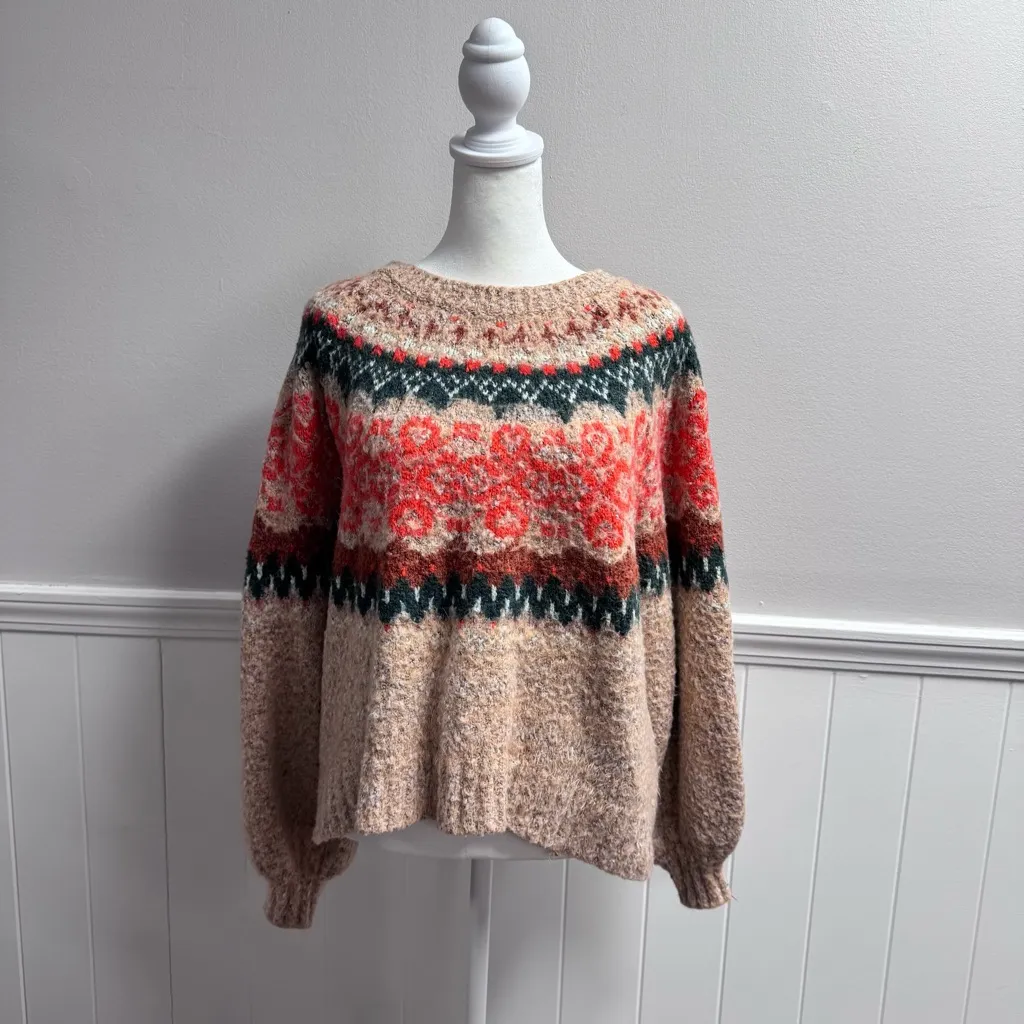 Free People Festive Frost Jumper Long Sleeve Knit Fair Isle Sweater Small - Image 13