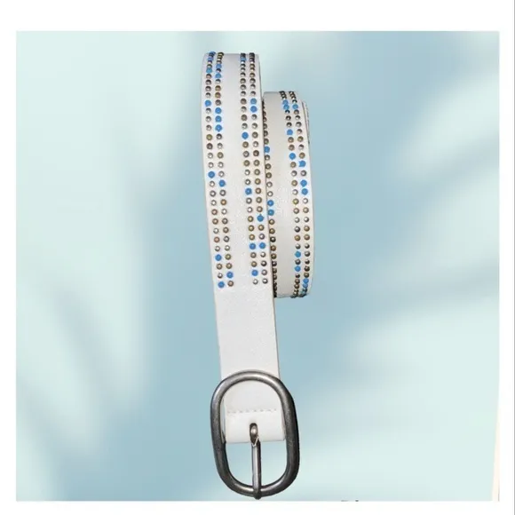 Turquoise & Silver Studded White Faux Leather Stylish Belt Size 34 - Image 2