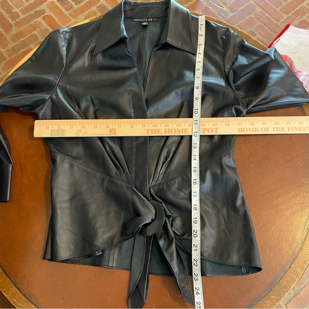Lafayette 148 black lambs leather belted top Size 10 contemporary‎ sexy office - Image 8