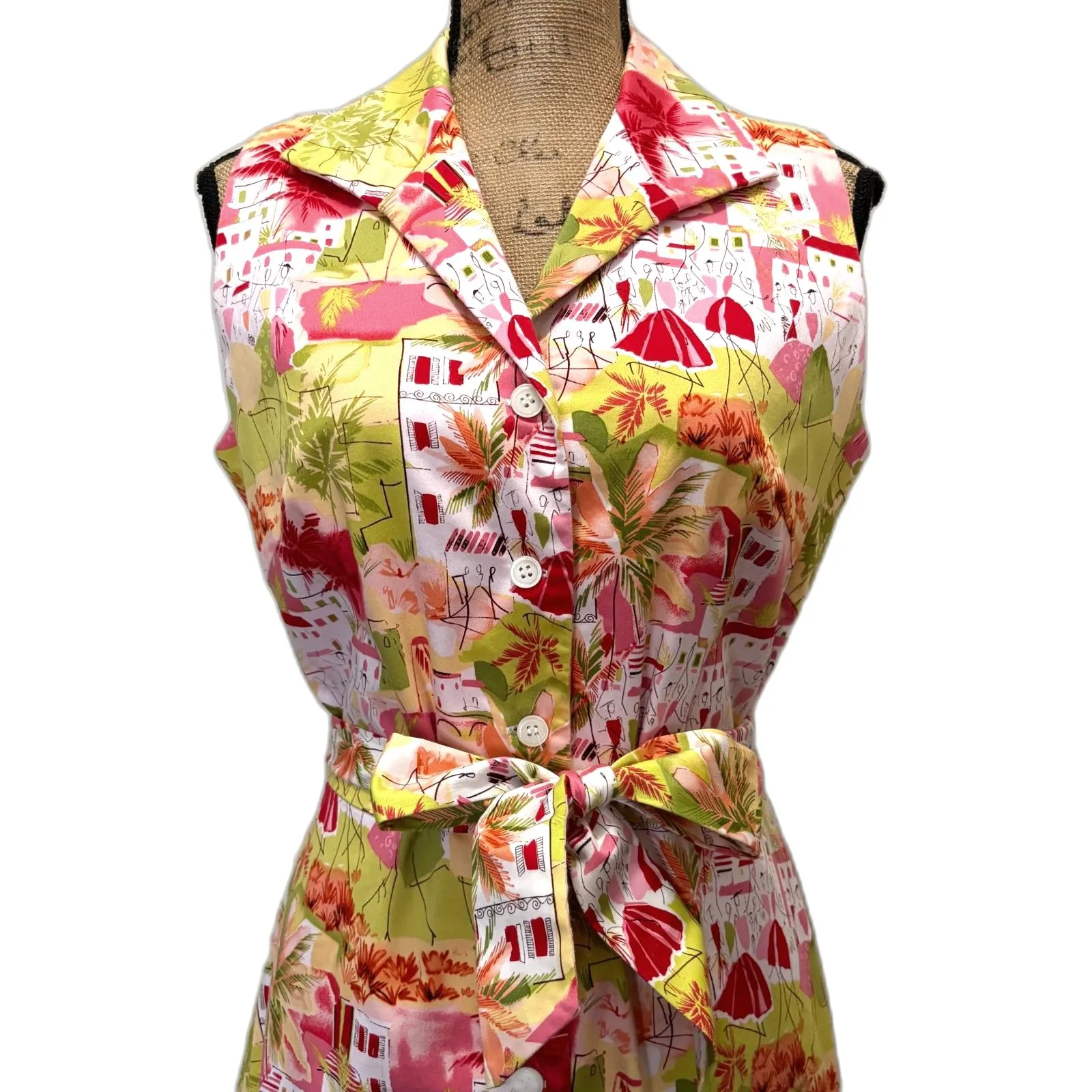 Danny & Nicole City Print Belted Shirt Dress Sleeveless Midi Cotton Size 10 - Image 2