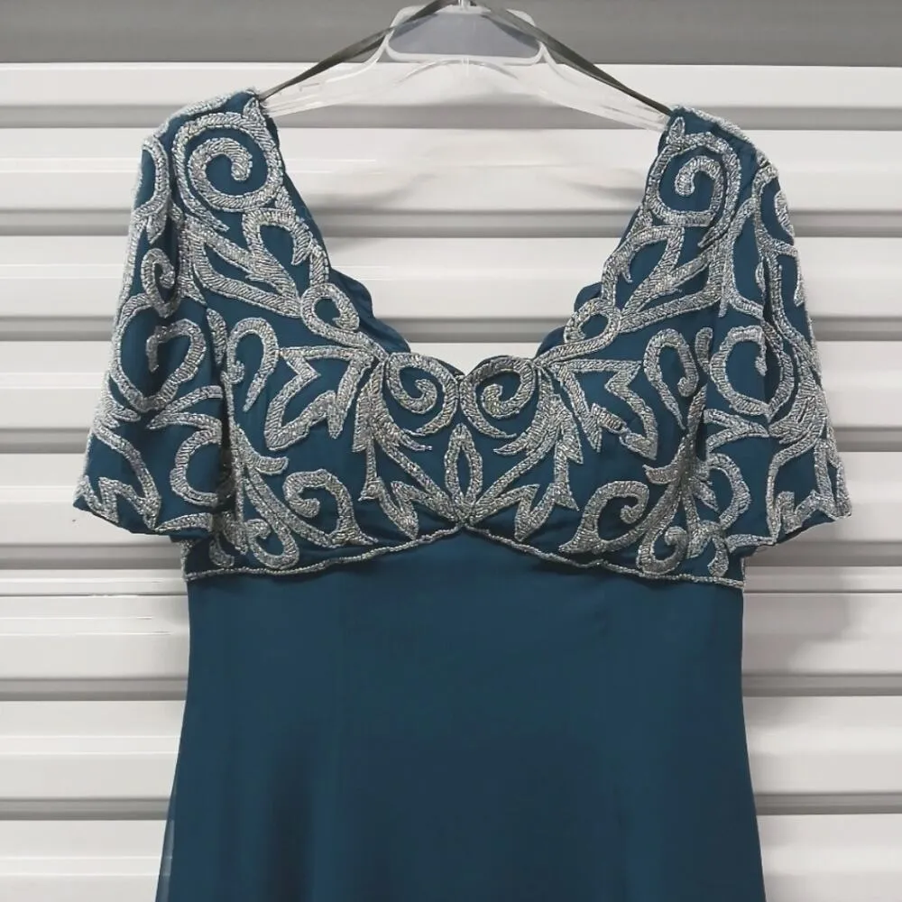 Tiffany Women's Formal Evening Gown Size 14 Blue Beaded Silk Dress Wedding Party - Image 3