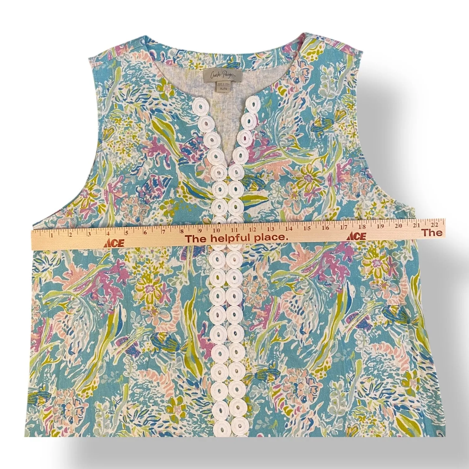 Charlie Paige Linen Blend‎ Tropical Fish Print Shift Dress Size XL Beach Preppy - Image 3