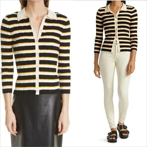 Deep V Cardigan Hudson Stripe Cotton Size Medium Rib Knit - Image 2