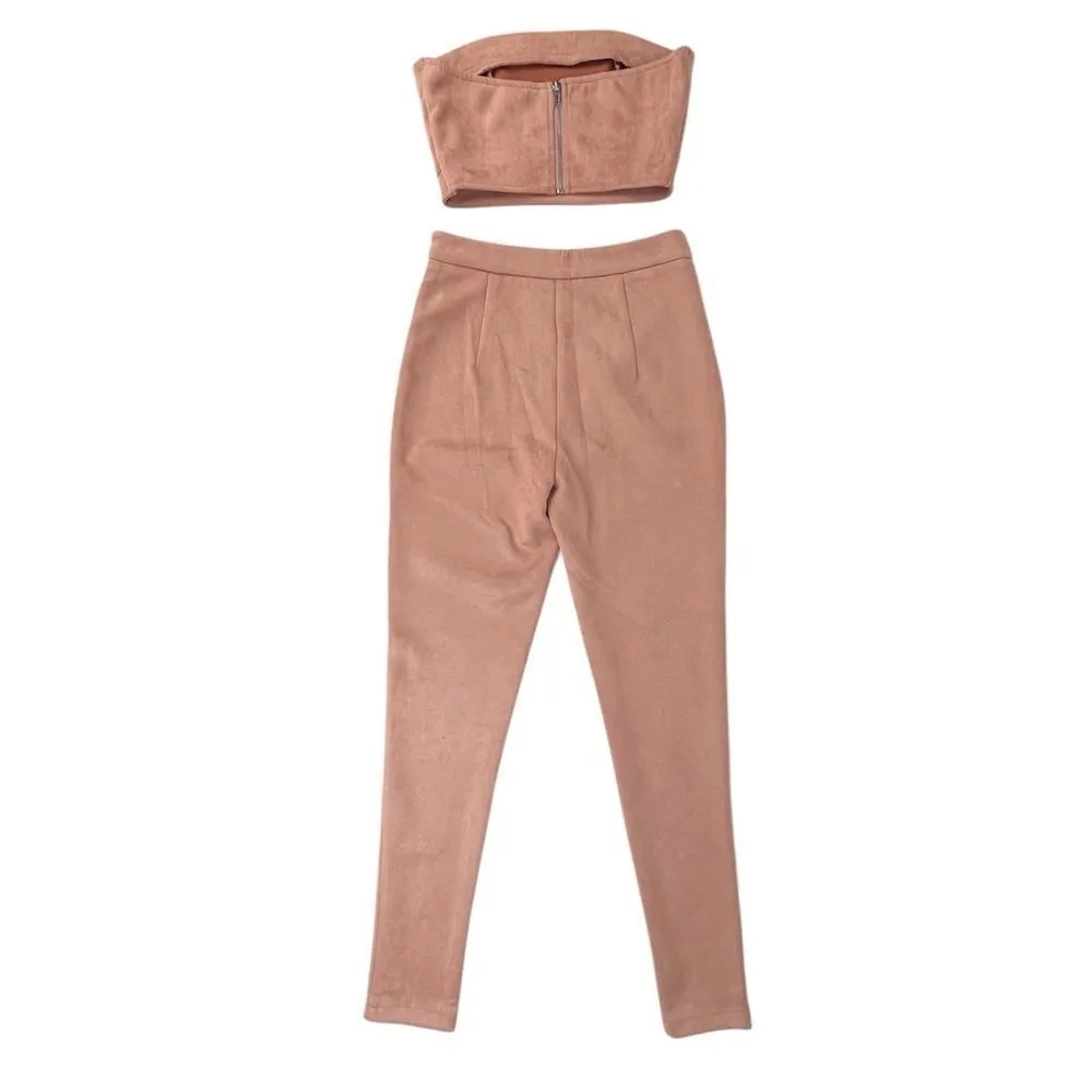 L'Atiste By Amy Light Brown Taupe Faux Suede Crop Tube‎ Top Pants Set Size Small - Image 2