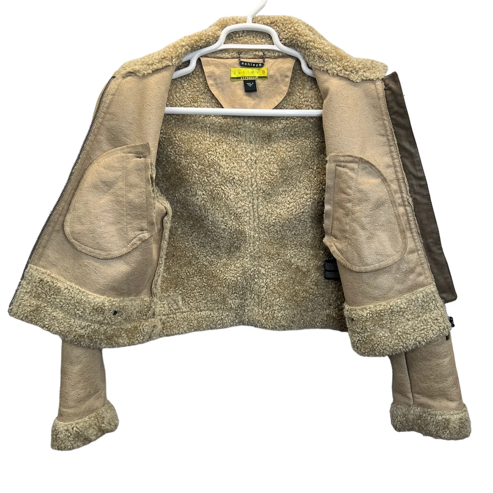 Ashley B Sherpa Faux Suede Moto Jacket M Beige Zip Vegan Leeather Cozy Warm Tan Size M - Image 8