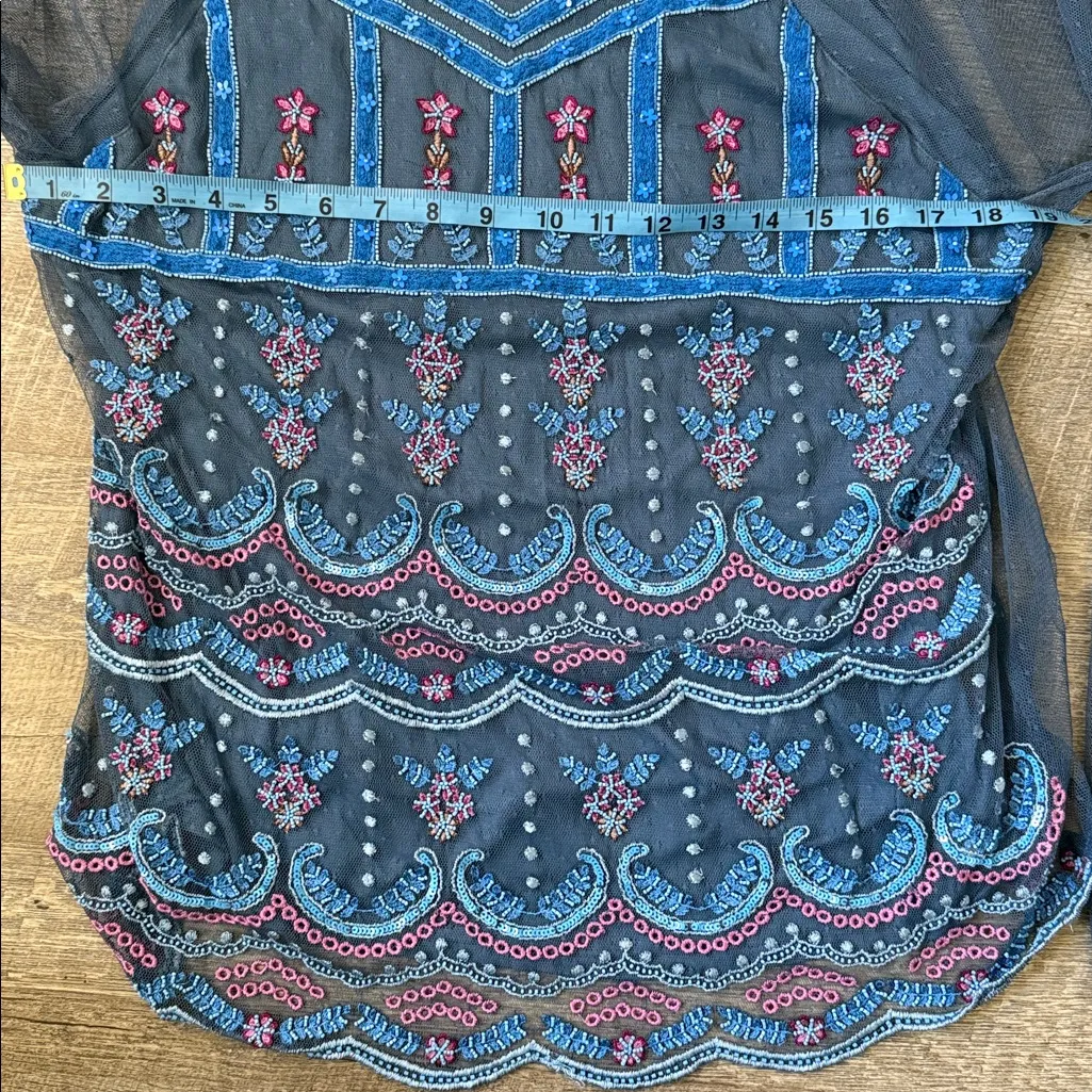 Sundance Blue Sheer Net Embroidered Beaded Turtleneck Top Size M/L - Image 5