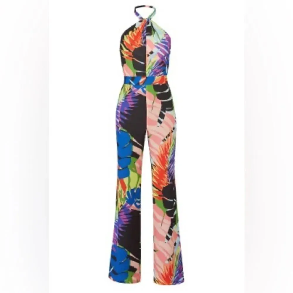 Josie by Natori NWT Black Leaf Halter Jumpsuit size 16 floral colorful women’s Black - Image 2